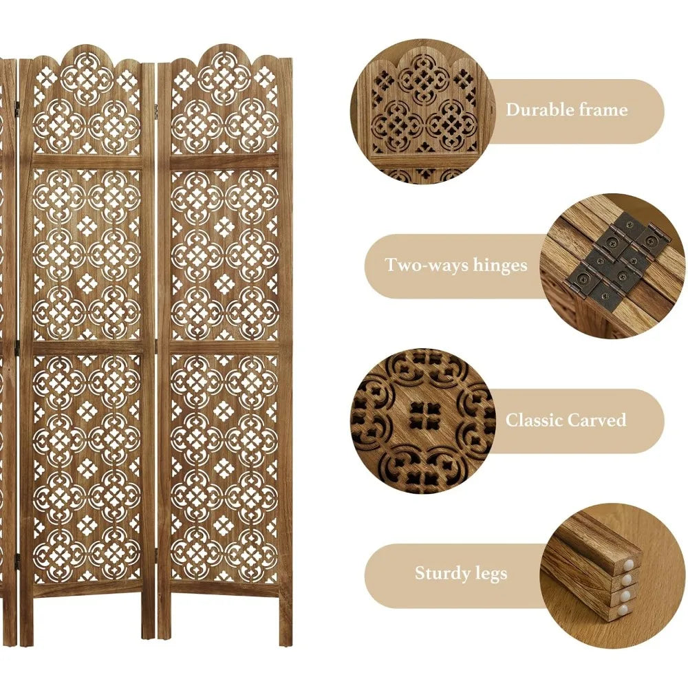 Folding Room Divider, 4 Panels Wood Carved Privacy Screens - Ideal Decorative Partition for Home, Office, Restaurant, B