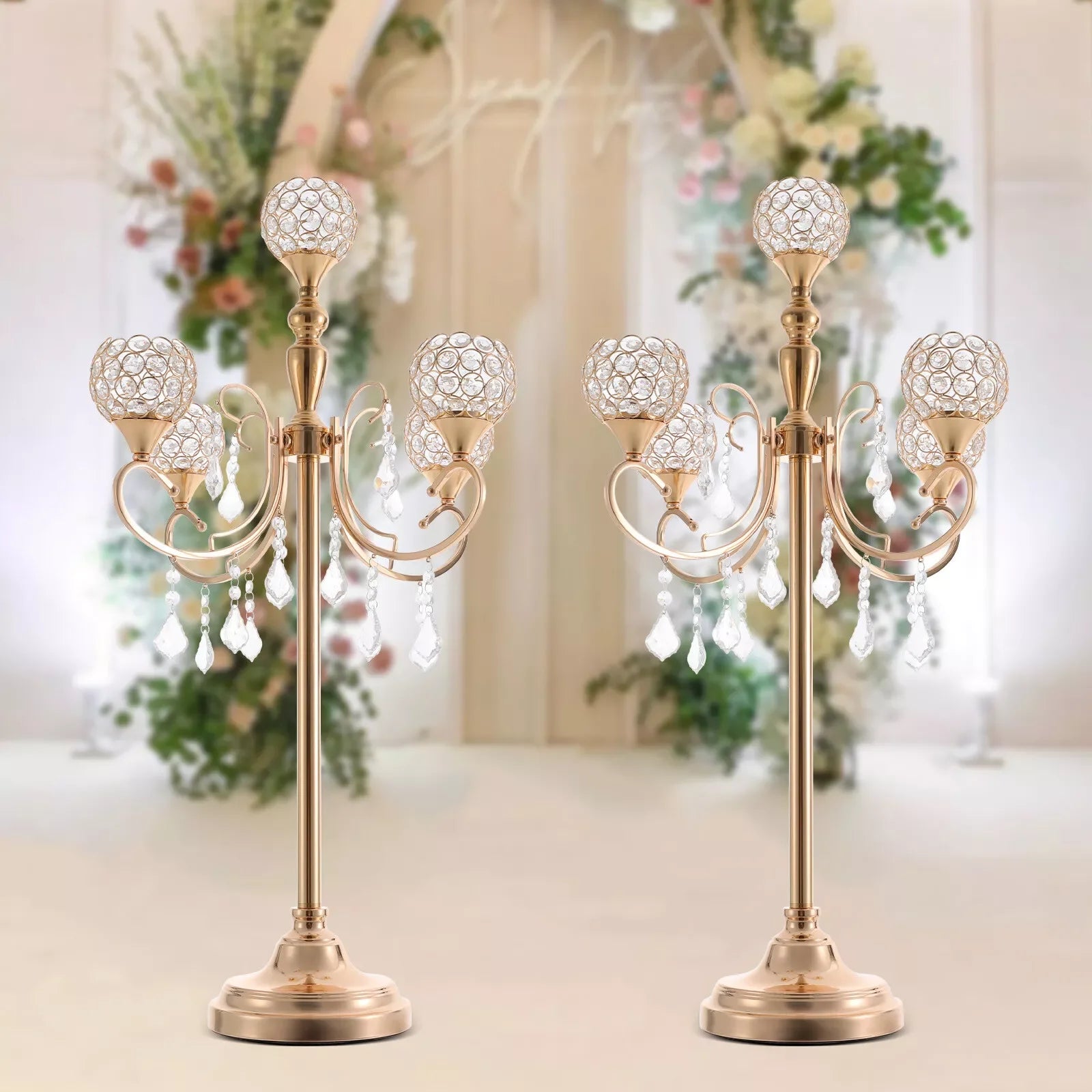 2PCS 5 Arms Crystal Candelabra Candle Holder Golden Table Centerpieces Wedding Decoration