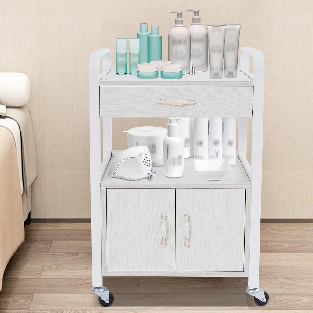 Salon High-density Wood Panels Storage Cart,White Rectangle Free Standing Movable Beauty Organizer 51*33*83cm for Beauty Salons