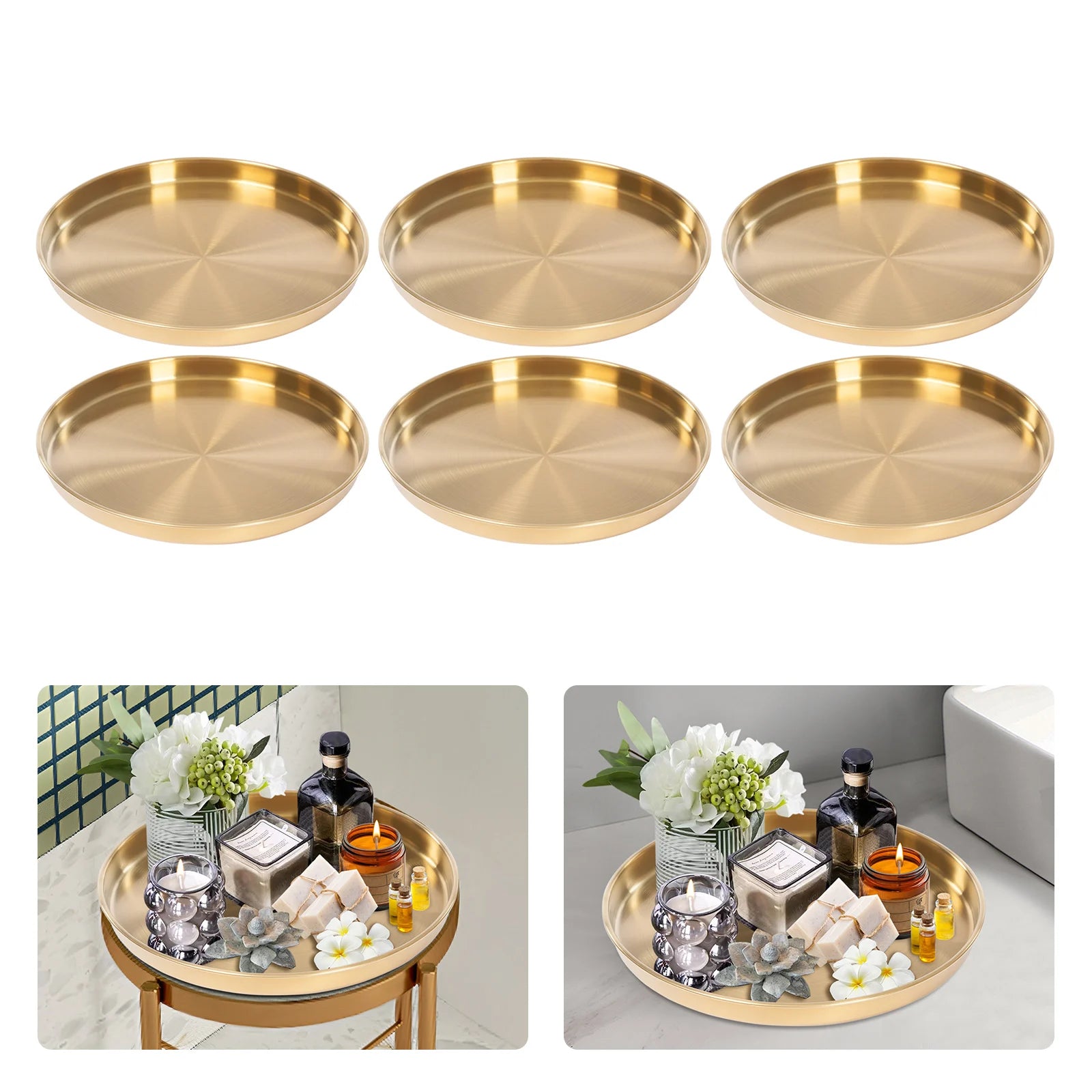 6Pcs Round Serving Trays, Stainless Steel Table Tray, Versatile Gold Decorative Tray Jewelry Display Tray Tea Service Tray
