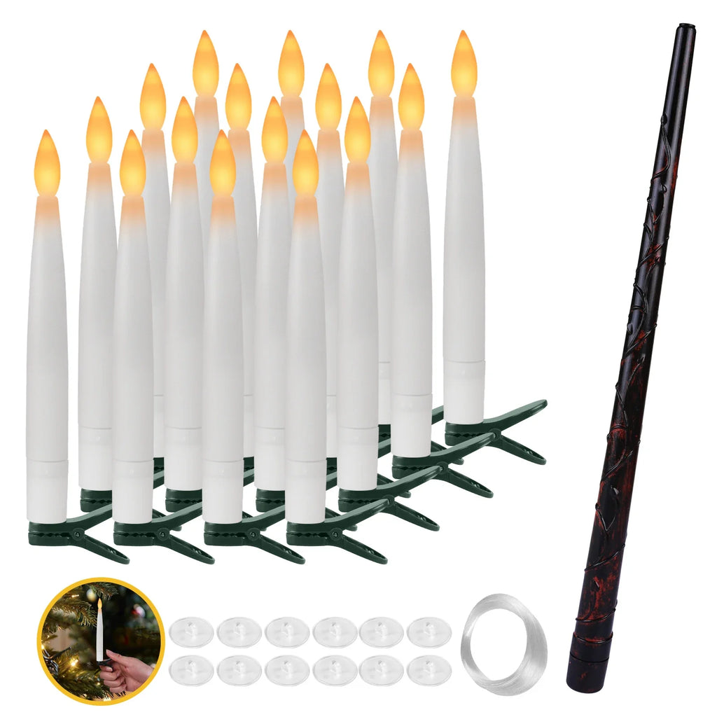 Flameless Taper Floating Candles with Magic Wand Remote Timer Flickering LED Hanging Christmas Halloween Decorations(12 Pack)