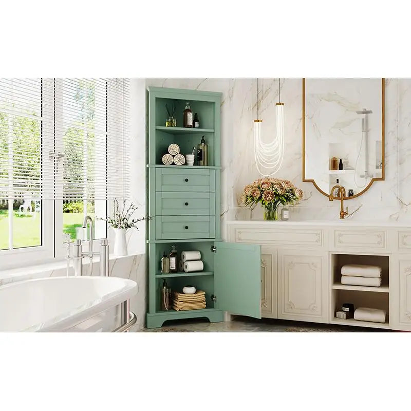 Green Triangle Tall Cabinet, 3 Drawers, Adjustable Shelves, MDF Board, Painted Finish for Bathroom, Kitchen, Living Room -