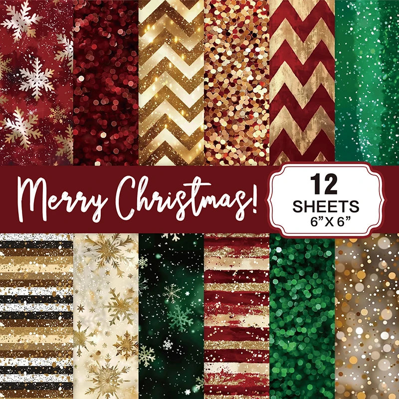 Christmas Scrapbook Paper Pad 12 Sheets 6x6 Glitter Confetti Snowflake Single-sided Prints Cardstock 160gsm Acid-free Decorative