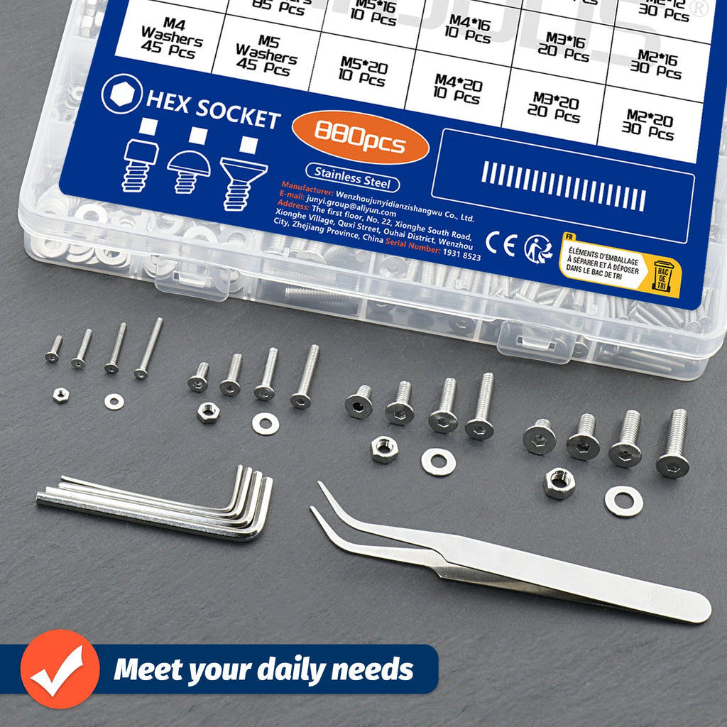880Pcs Stainless Steel 304 Hex Socket Flat Head Screws Assortment Kit M2 M3 M4 M5 Countersunk Bolts Set with Storage Box