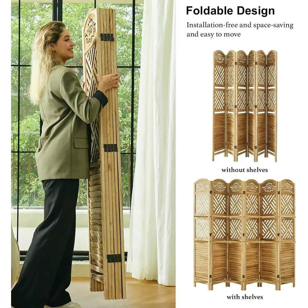 68.9 Natural Wood Carved Louvered 6-Panel Folding Room Divider with Shelves for Home Office