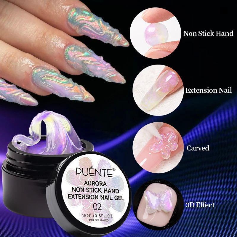 PUENTE 7Pcs/set Aurora Glitter Non-Stick Hand Extension Nail Gel Kit 3D Sculpture Carving Soak-Off UV Nail Art Hard Gel Varnish