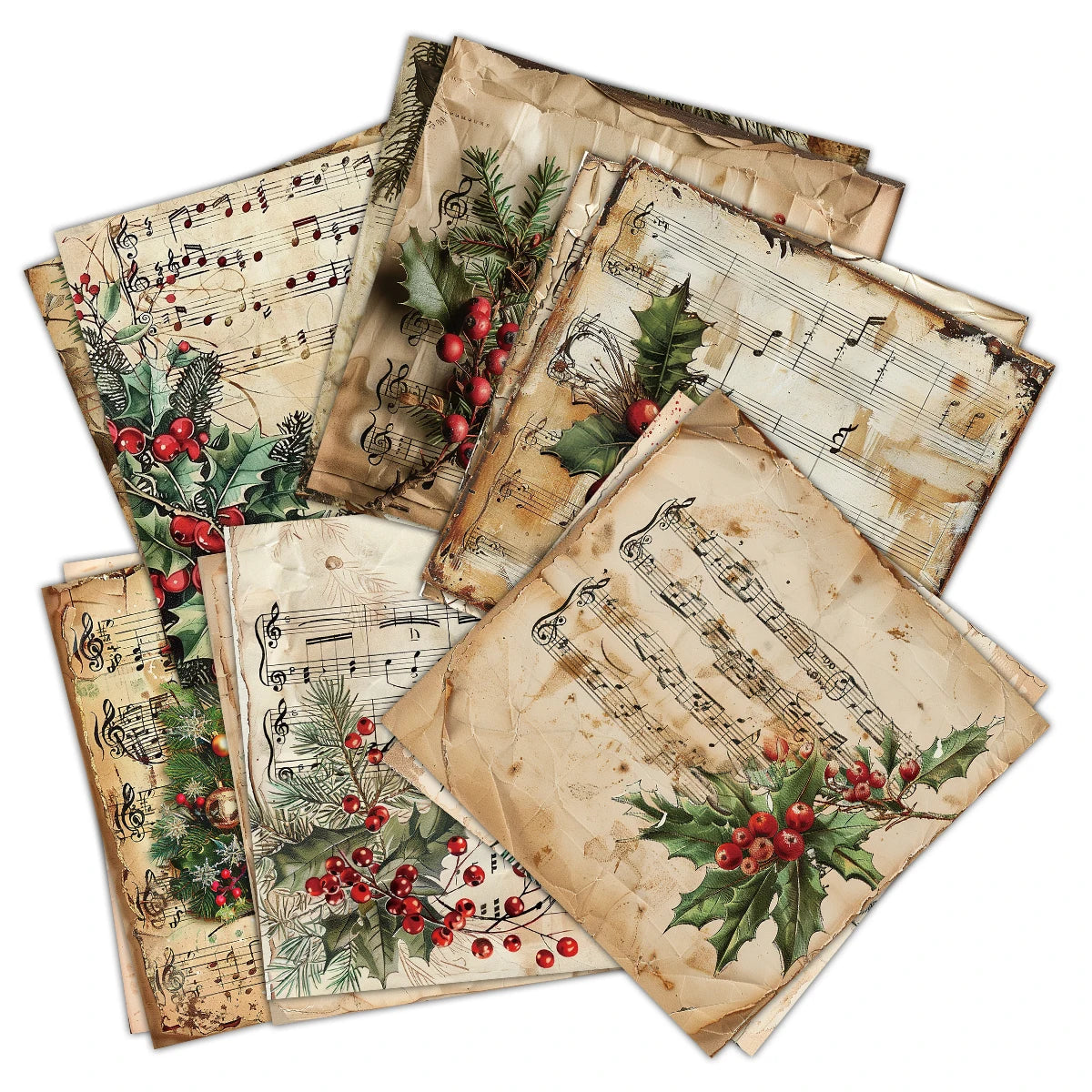 12pc Vintage Christmas Old Music Sheet Scrapbook Paper Set,Retro Christmas Collection Kit Paper for Junk Journal DIY Card Making