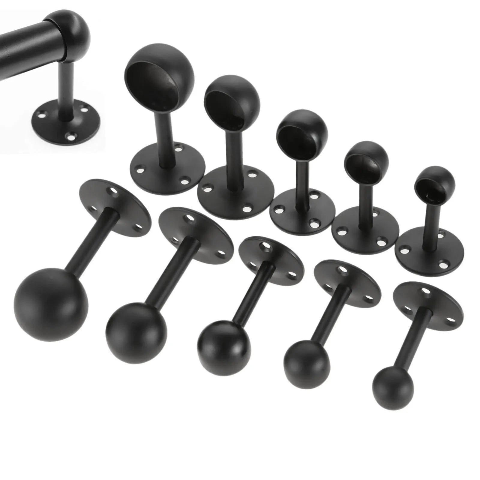 2Pcs Black Steel Closet Pole Socket Brackets Wardrobe Rod Brackets Curtain Rod End Supports Flange Rod Holder 16/19/22/25/32mm