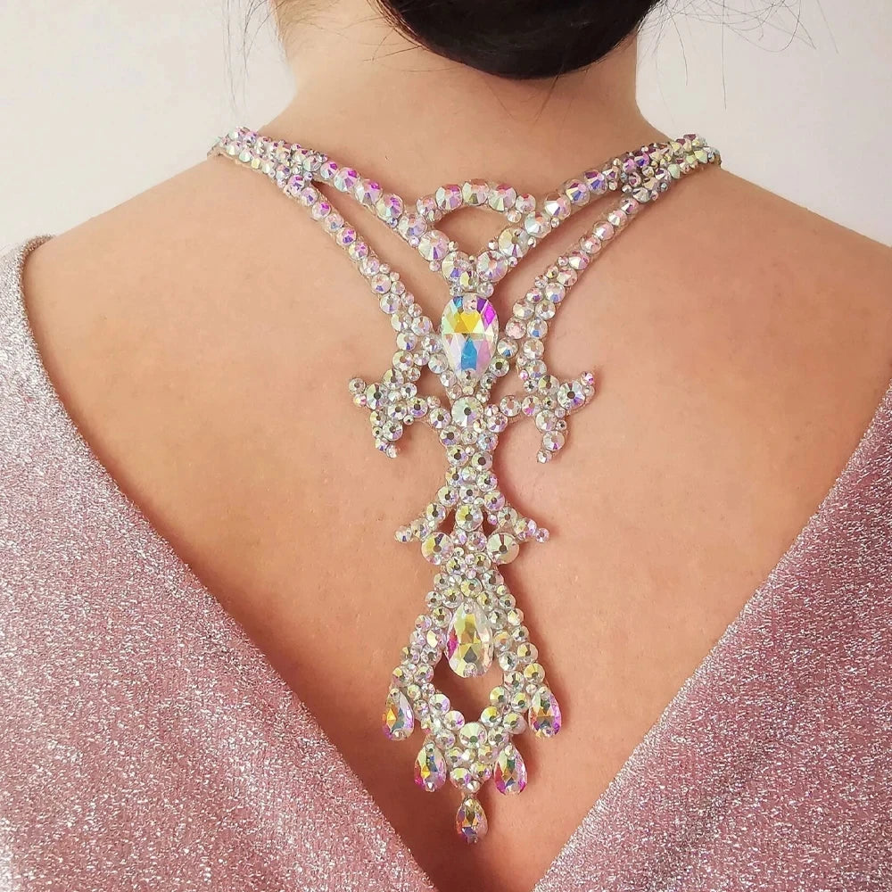 Stonefans Colorful Geometric Back Chain Necklace Belly Dance Jewelry Fashion Water Drop Rhinestone Back Chain Dress for Women