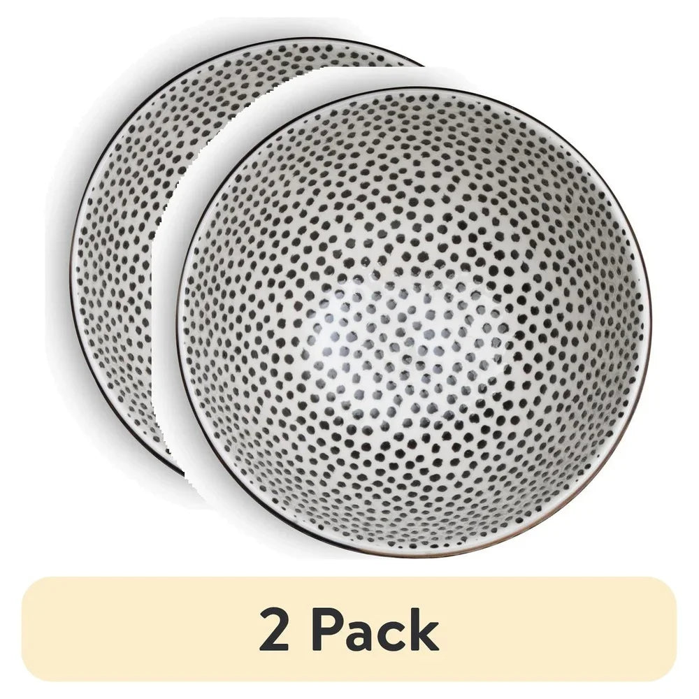 2 Pack Stoneware Bowls Dishwasher Microwave Safe Elegant Dining Essential Tableware Black White Dot Design Durable Chef