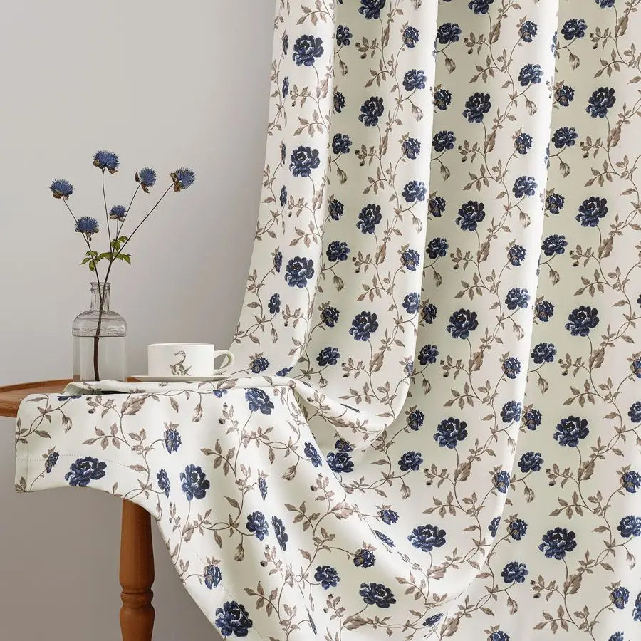 Blue Floral 100 Blackout Curtains 54 Inches Long 2 Panels for Bedroom Living Room Vintage Rose Flower Patterned Room Darkening T