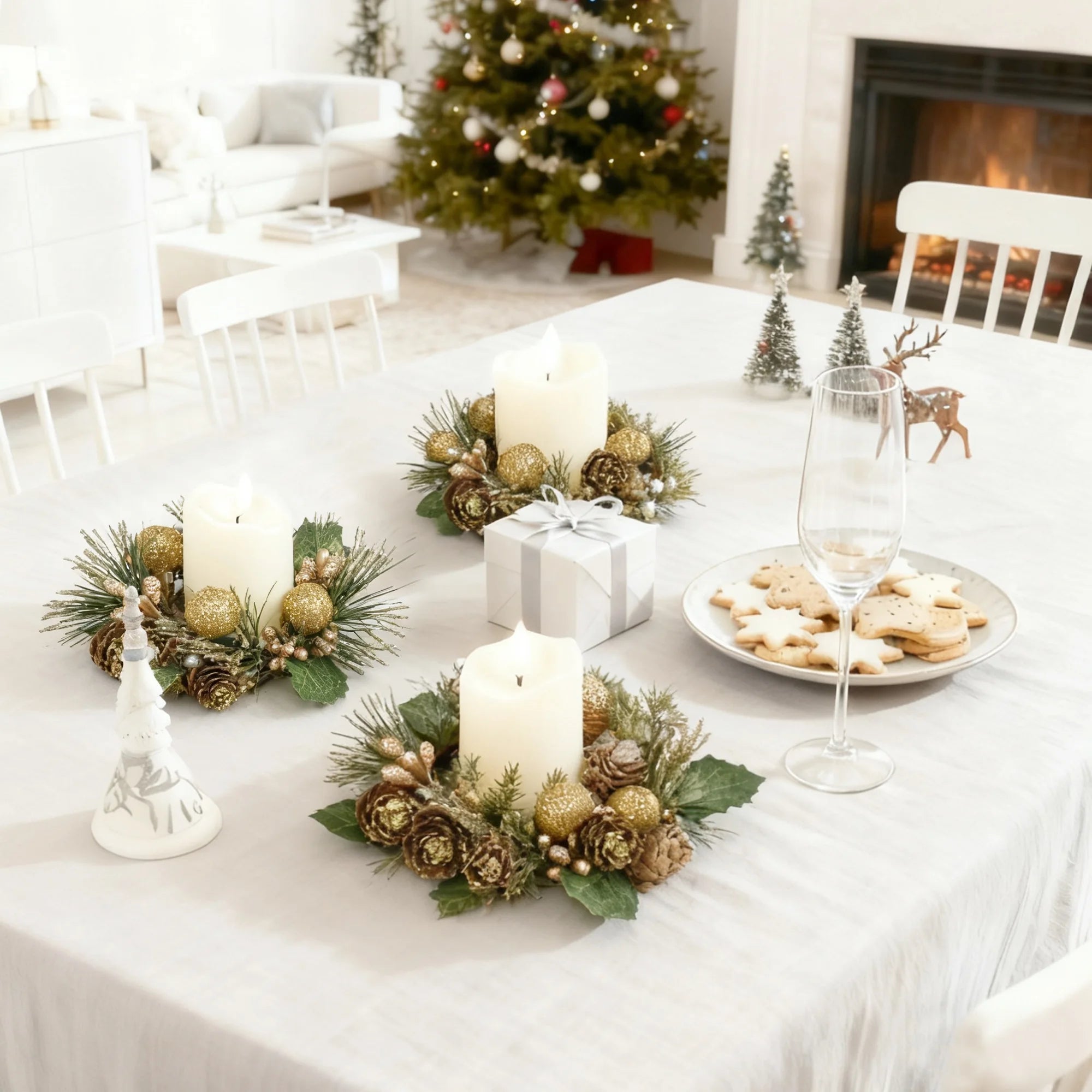 6-Pack LED Candles with Golden Berries & Pinecones Christmas Candle Rings for Table Front Door Cabinet Window in Glass Cup