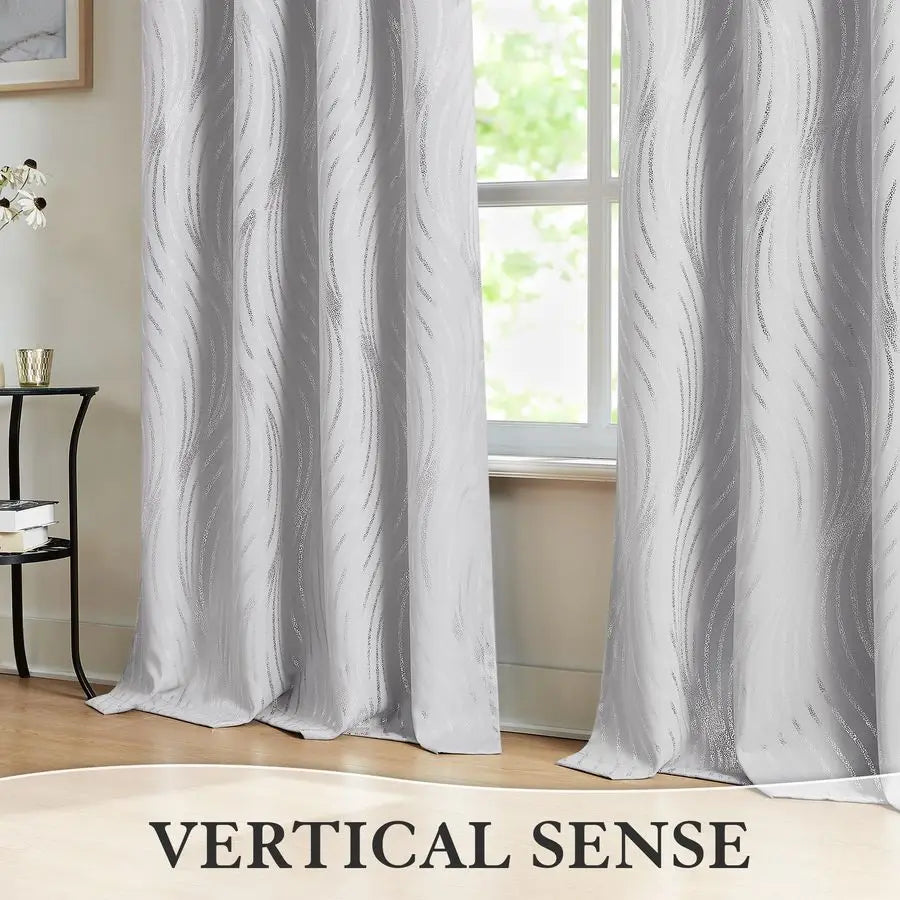 Blackout Curtains Grey and Silver Foil Pattern Curtains 84 Inch Length for Living Room Metallic Silver Wave Print Drapes for Bed