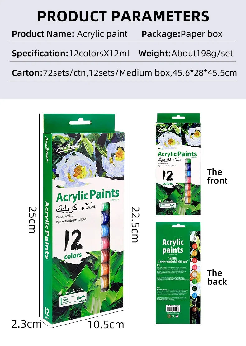 12Color Acrylic Paint Set 12ml Tubes Waterproof Art Supplies for Beginner Artists DIY Painting on Canvas Wall Art Craft Projects