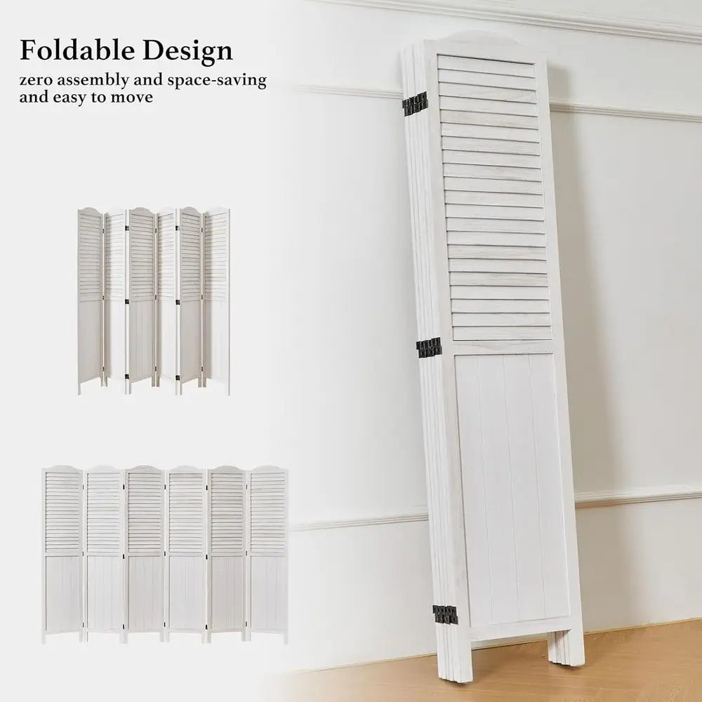 68.9 White-Washed Wooden Louver & MDF Dividers, 6-Panel Home Office/Bedroom Partitions