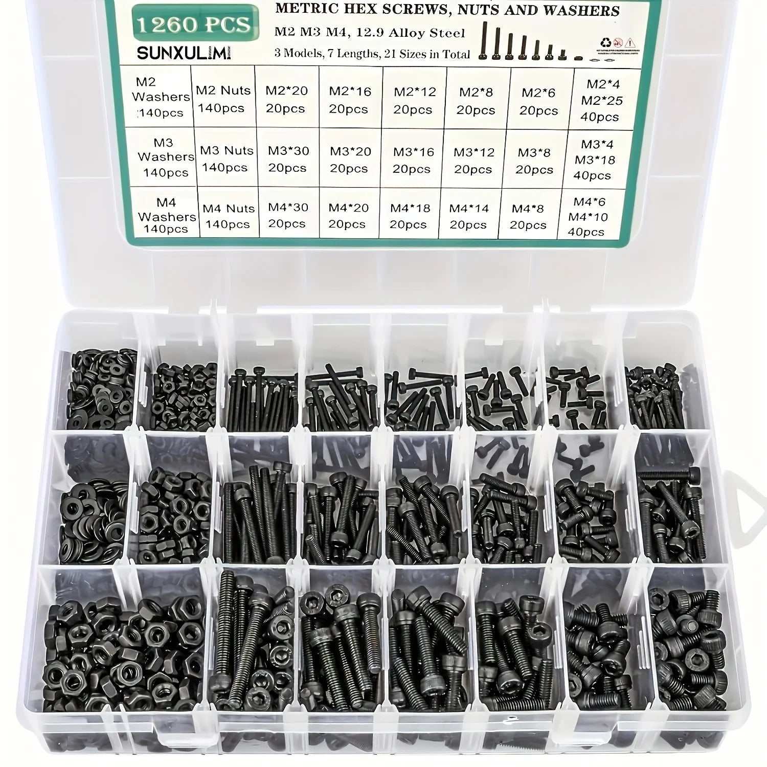 1260pcs Metric Bolt Assortment - M2 M3 M4, 21 Sizes 4MM To 30MM 12.9 Alloy Steel Bolts And Nuts Kit