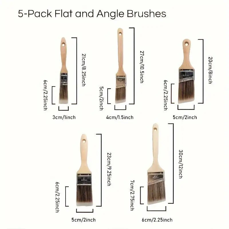 5-Piece Set of Multi-Specification Angled Paint Brushes with Wooden Handles, Soft Bristles for Cleaning and Painting with Latex Paint