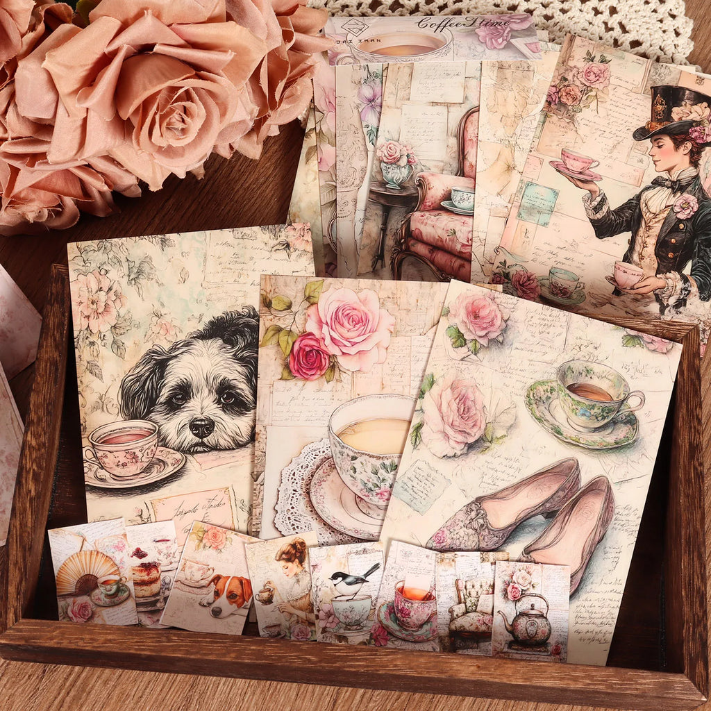 12cards, 4envelopes, 32stickers Victorian Floral Tea Double-sided Writable Thick Cardboard Set, for Scrapbooking, DIY Crafts