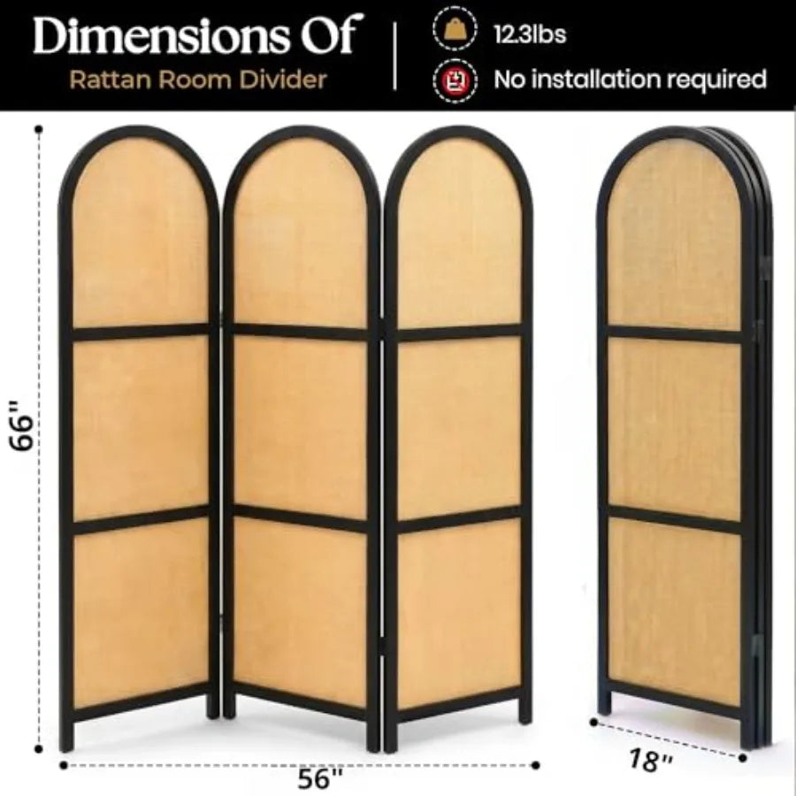 3-Panel Room Divider Folding Privacy Screen with Arched Dark Wood Frames and Light Woven Panels Portable Divider for Home Offic