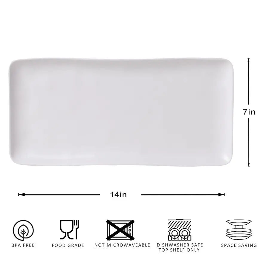 White Melamine Rectangular Serving Platter Trays, Set of 4, 14 X 7 Fruit Cake Bread Sushi Plate for Party Serving Food, Lightwei