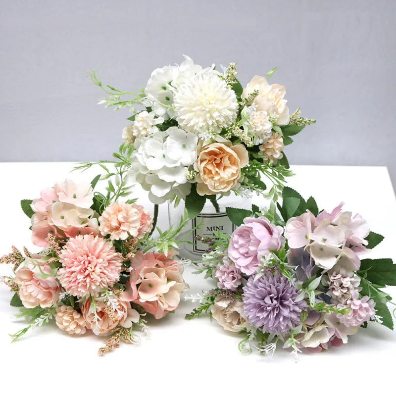 7 Heads Hydrangea Flowers Artificial Bouquet Silk Blooming Fake Peony Bridal Hand Flower Roses Wedding Centerpieces Decor