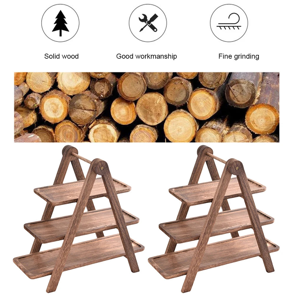 2Pcs Wooden Serving Platter 3 Tier Serving Tray Multi-Function Rectangular Serving Stand Cupcake Tiered Tray for Wedding Party
