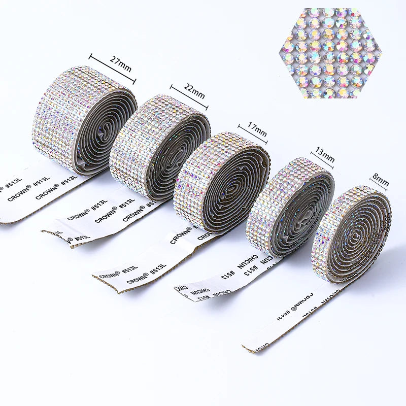 DUCrystal 4/6/8/10/12Rows Crystal Rhinestone trim Self Adhesive Bling Roll Rhinestone chain Sticker for DIY Clothing Decoration