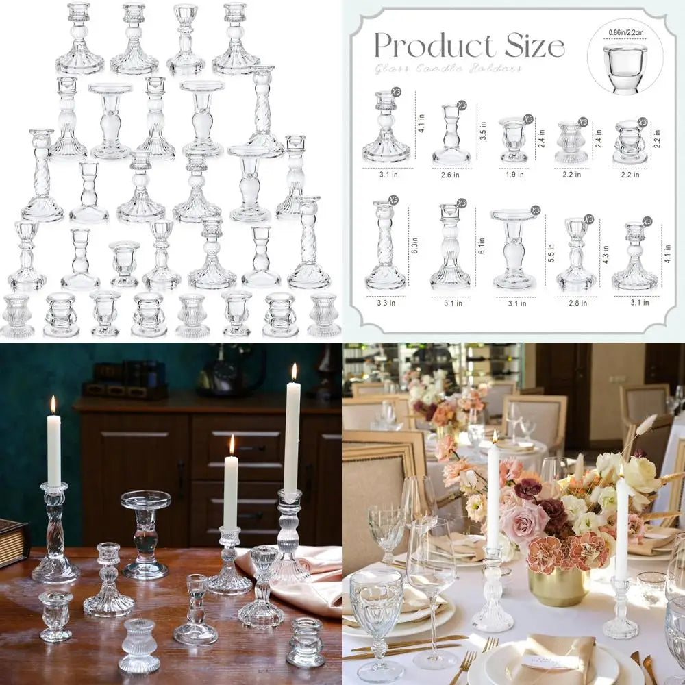 Crystal Taper Candle Holders - 30 Pack Clear Glass Candlestick Holders for 0.8 Inch Candles, Decorative Crystal Candle Accessori