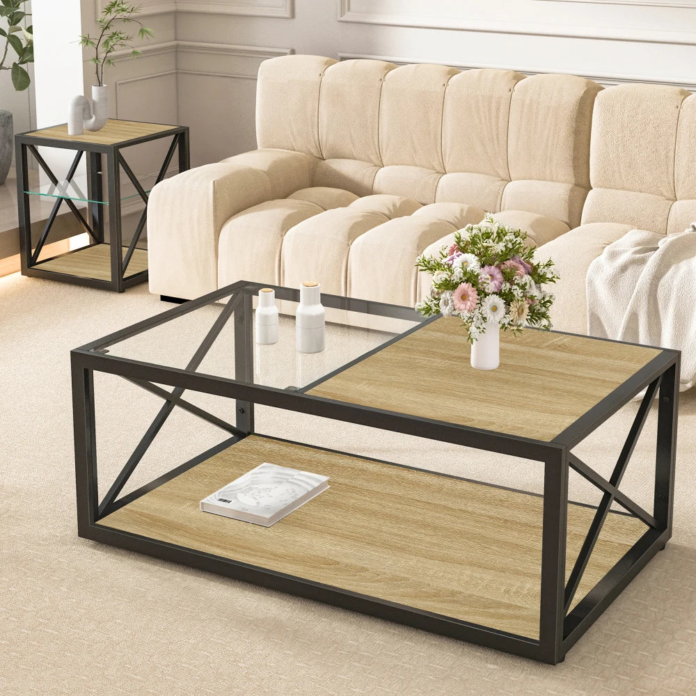 Modern coffee table for Bedroom & Living Room, Tempered Glass&Rustic Wood Grain MDF, Industrial Style coffee table