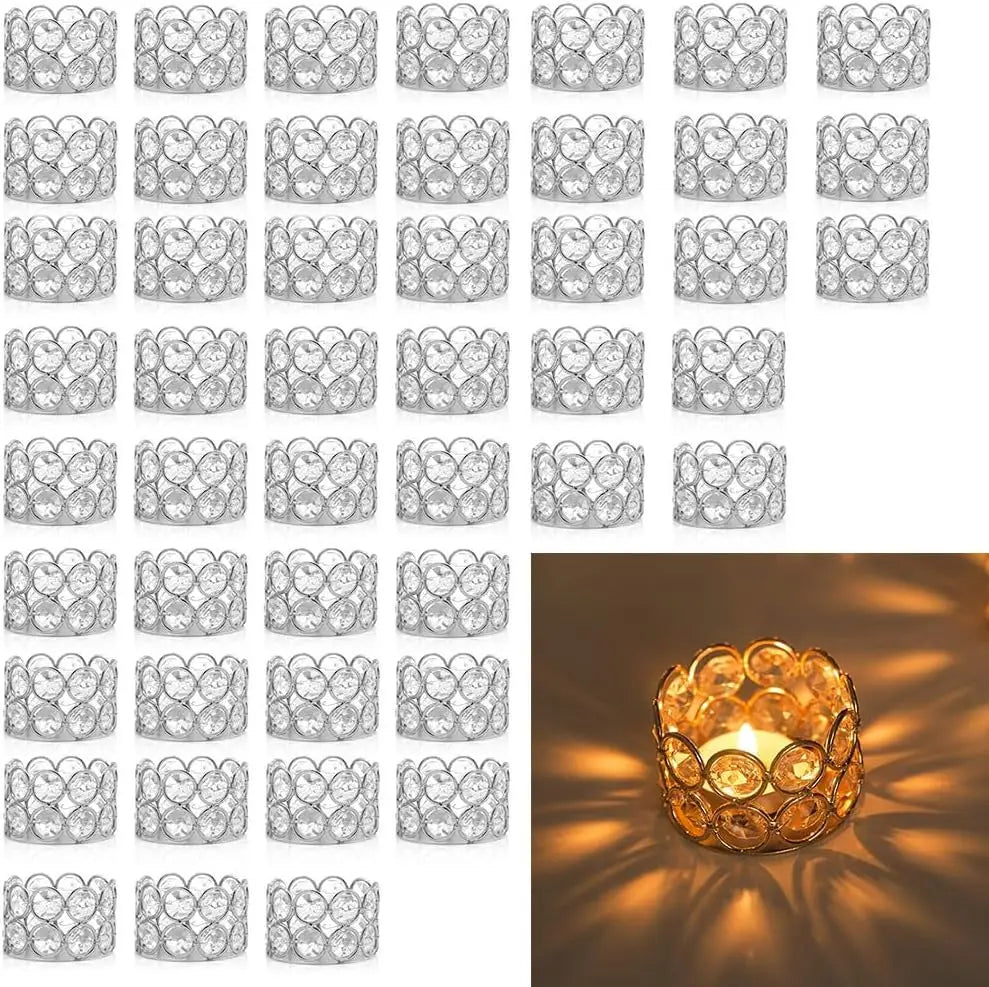 48Pcs Silver Candle Holder Tea Light Candles Holder Crystal Candle for Wedding Party Home Table Decor(candle excluded)
