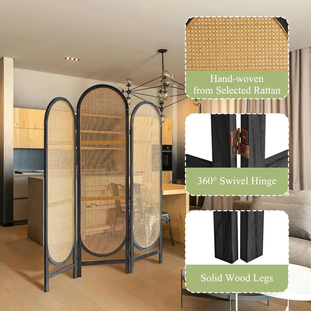 3-Panel Wooden Room Divider, Foldable Privacy Screen for Home, Suitable for Bedroom and Dining Area, Black