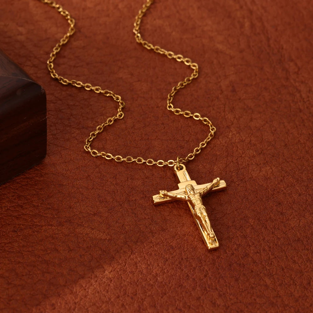 LLX Stainless Steel Jesus Cross Necklace For Women Men Gold Color Caravaca Angels Crucifix Charm Choker Rapper Jewelry Hip Hop G