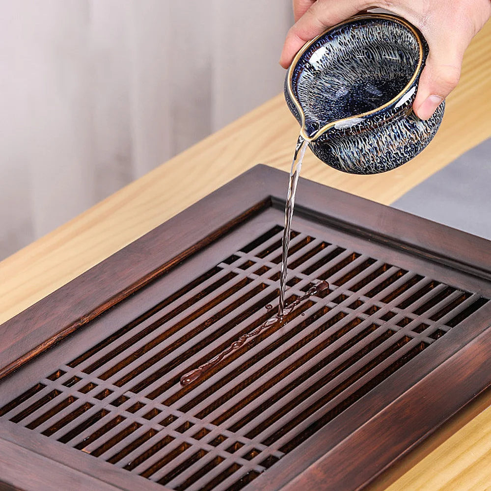 Walnut Drawer Tea Tray, Bamboo Tea Serving Tray W/ Drawer, Tea Table Organizer, Storage Tea Tray for Kitchen,Living Room,Office