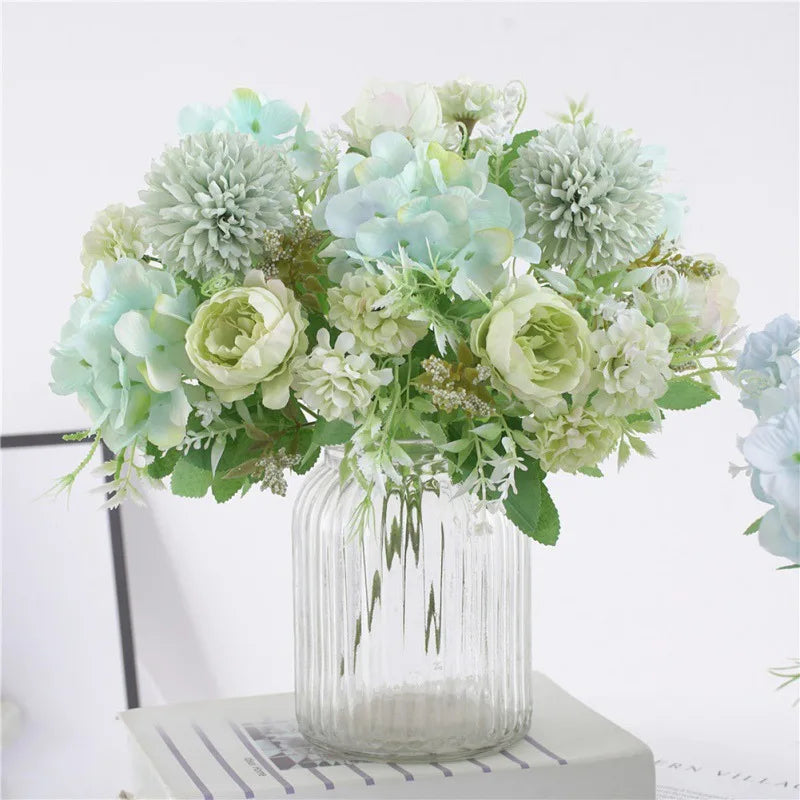 7 Heads Hydrangea Flowers Artificial Bouquet Silk Blooming Fake Peony Bridal Hand Flower Roses Wedding Centerpieces Decor