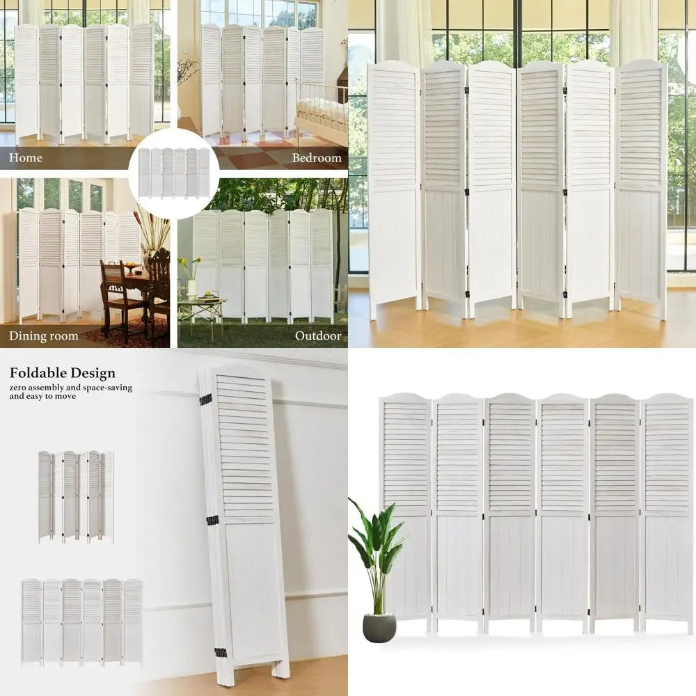 68.9 White-Washed Wooden Louver & MDF Dividers, 6-Panel Home Office/Bedroom Partitions