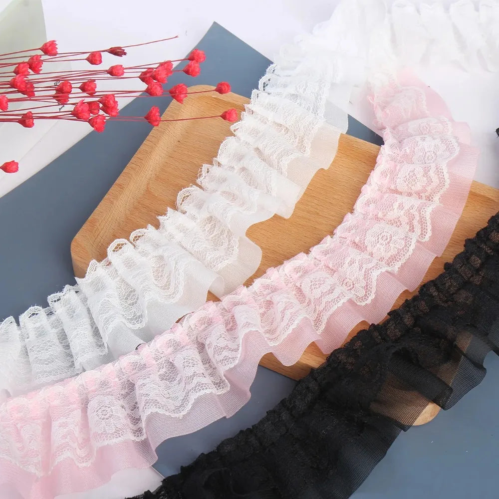 2yards 5cm Double-Layer Pleated Chiffon Lace Trim Clothing Wedding Accessories Decor Ribbon DIY Handmade Sewing Lace Trimmings