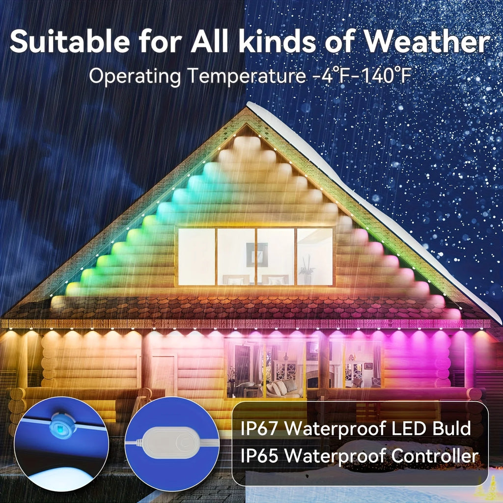 100ft Roof Light - 72 RGB+IC LEDs, IP67 Waterproof, Smart Color Control, Christmas Outdoor Decor