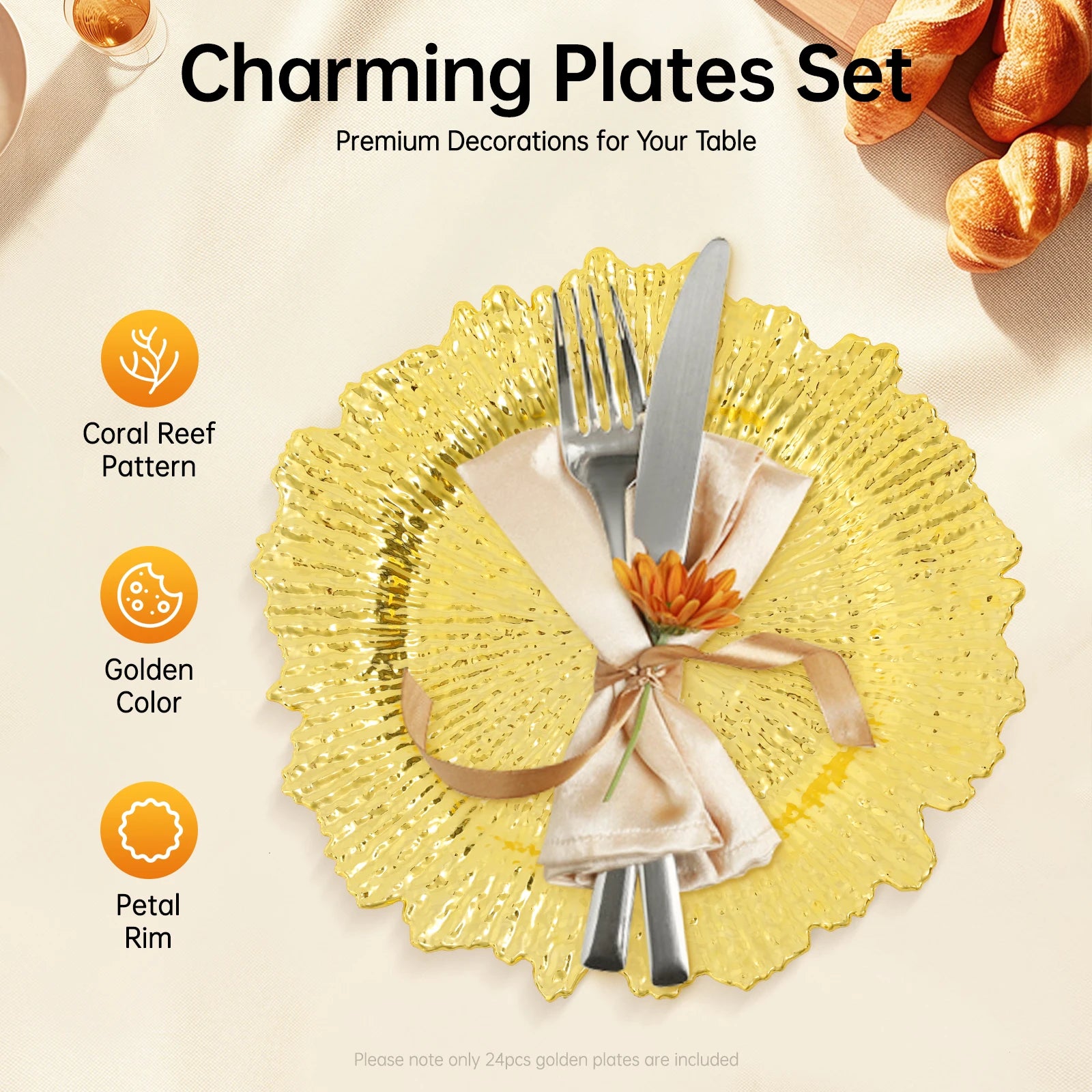 24 Pack Gold Charger Plates PP Material Plating Surface Hard Feature Hold Dinner Plates Bowls For Wedding Table Decoration