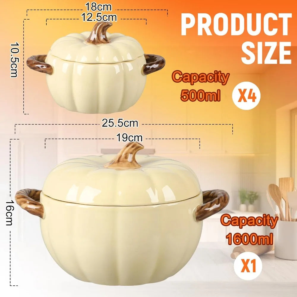 Set of 5 Ceramic Pumpkin Bowls with Lid and Handles Pumpkin Shape Soup Serving Pot Storage Jar