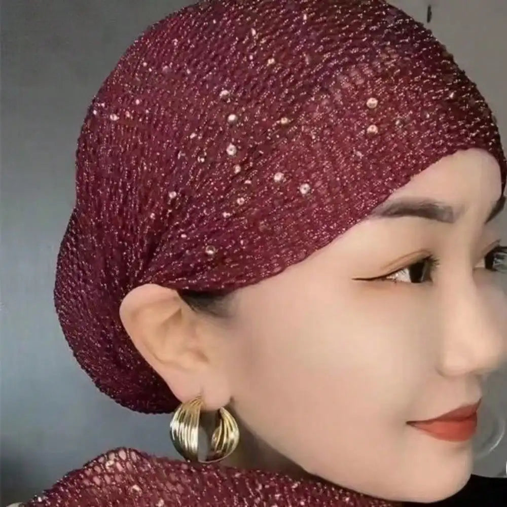 1Pc White Hair Bonnet - Elastic Breathable Full Cover with Rhinestone, Gift & Daily Use