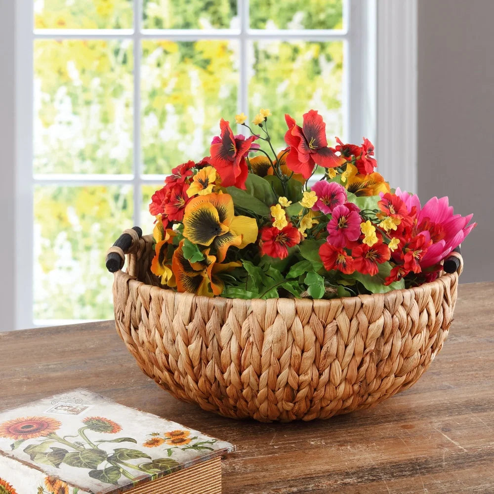 Natural Woven Water Hyacinth Decorative Bowl with Wooden Handles Home Storage Centerpiece Floral Arrangement Table Decor