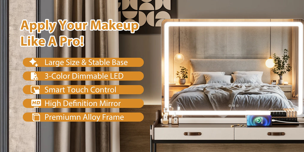 JHK LED Vanity Mirror with Lights Aluminum Frame Bathroom Mirror Dimmable 3 Color Modes Makeup Mirror Memory Function Bedroom