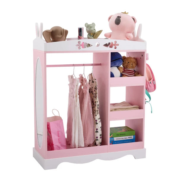MDF Particle Board Painted Veneer Rabbit Ear Design 1 Mirror 3-Layer Shelf 1 Hanging Rod Wardrobe
