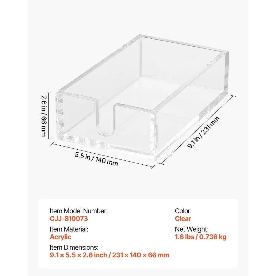 Acrylic Napkin Holder, 9.1 x 5.5 x 2.6 inch, Clear Bathroom Guest Towel Storage Tray with U-Shaped Opening, Disposable Paper