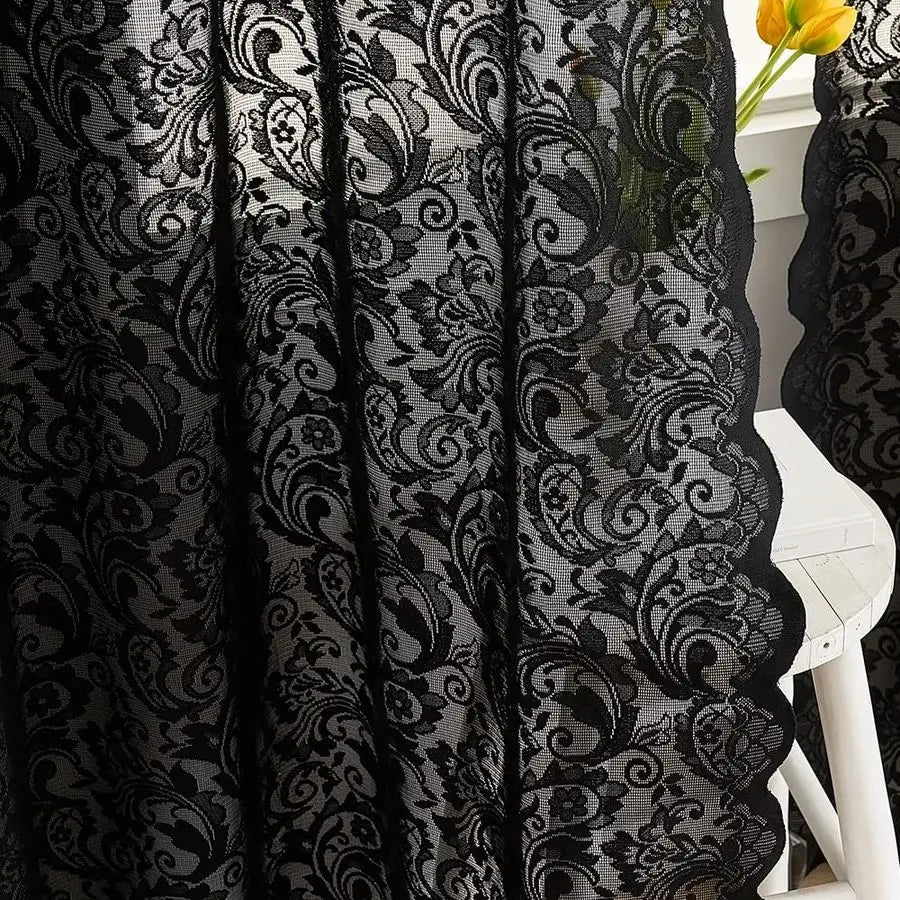 Black Sheer Lace Curtains 96 inches Long Victorian Gothic Curtain Panels with Paisley Floral Patterns Retro Curtains for Living