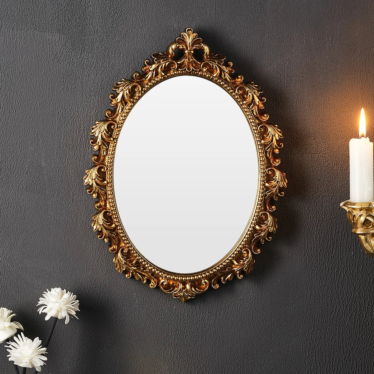1PC, resin material, golden oval wall decoration, room decoration hanging mirror, suitable for bedroom decor wall decoration