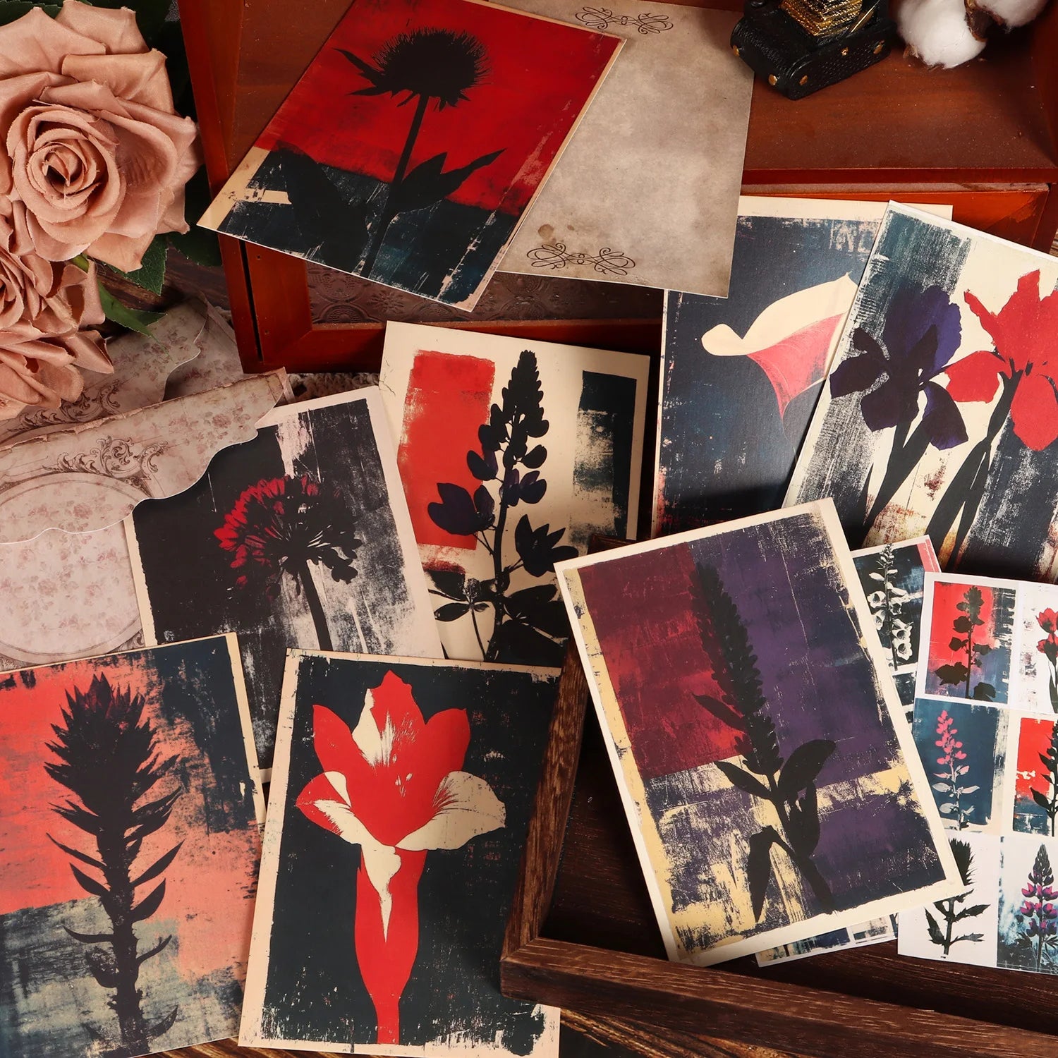 16cards, 4envelopes, 36stickers Floral Botanical Double-sided Writable Thick Cardboard Set, for Scrapbooking Supplies, Crafts