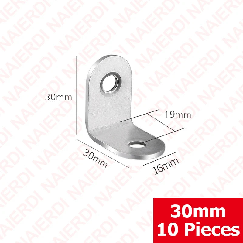 NAIERDI 10 Pack Corner Brace Stainless Steel 90 Degree Angle Corner Brackets L Bracket Firmware for Wooden Shelves,Chairs,Tables