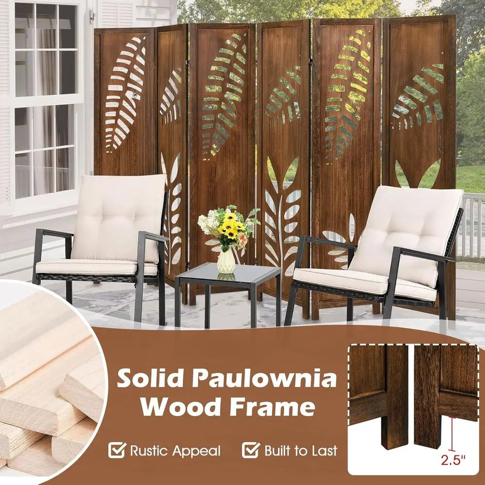 6 Panel Carved Leaf Wooden Folding Screen, 67 Tall, Freestanding Room Divider, Brown, for Privacy and Decor