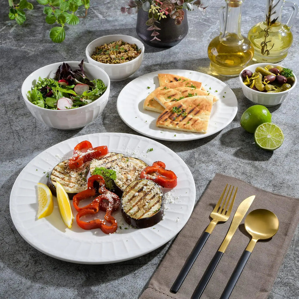 Zen Buffet Porcelain Ceramic Dinnerware Set for 8, 40-Piece White Embossed Plates and Bowls